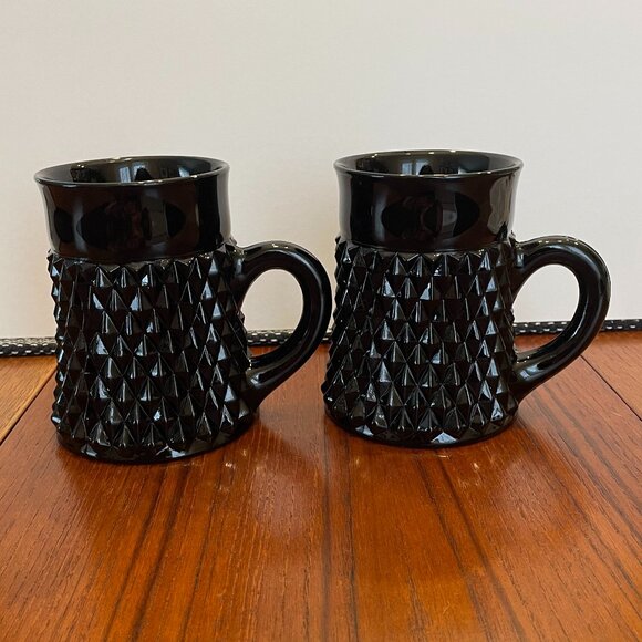 Vintage 1960's Tiara Indiana Black Diamond Point Glass Coffee/Tea Cups/Mugs x2 - Picture 2 of 8